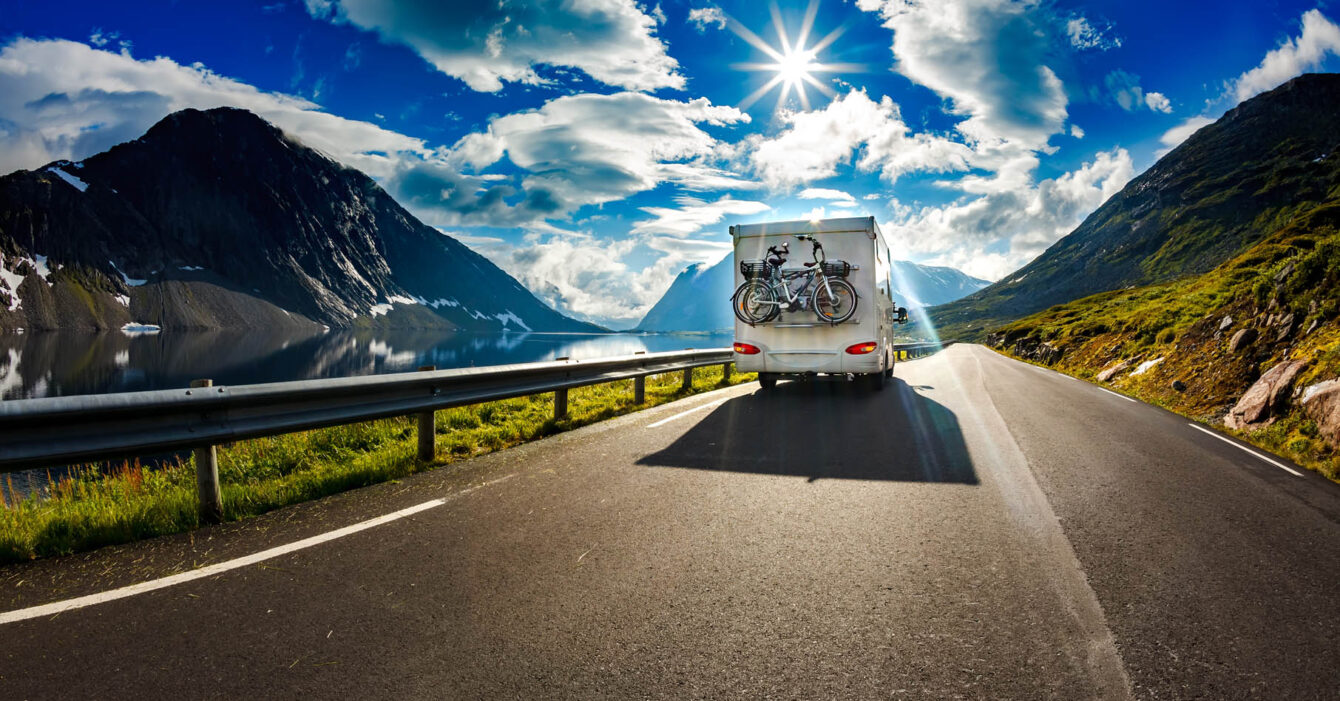 Caravan car travels on the highway.